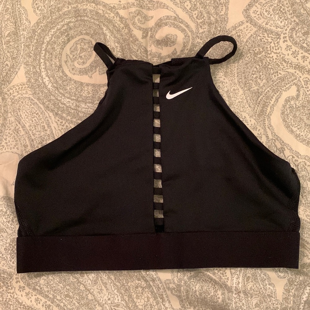Nike Women’s Dri-FIT Black Ladder high neck sports bra; medium